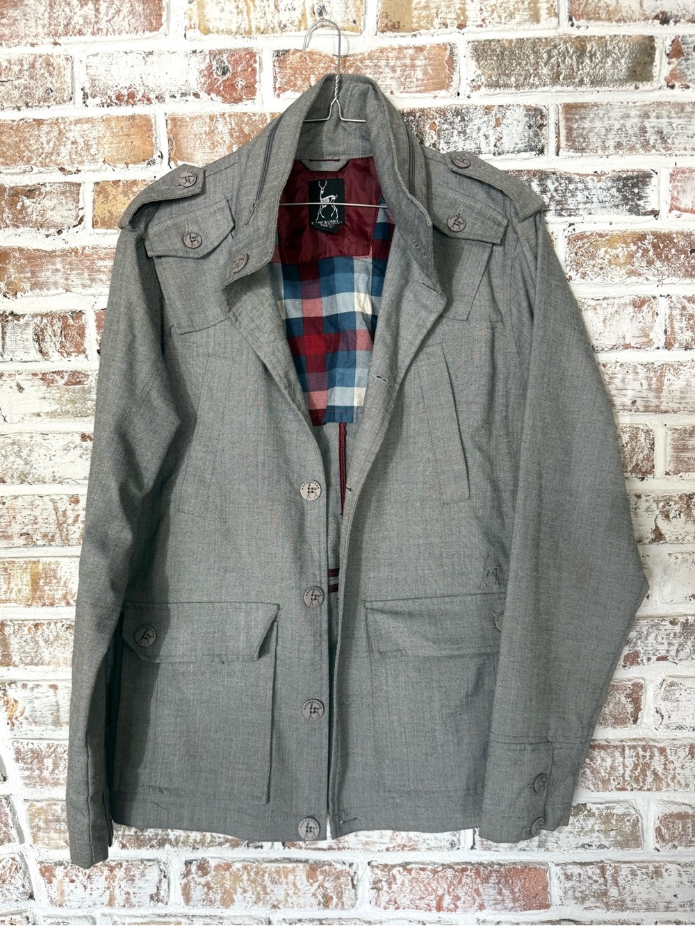 Men's Kane & Unke Gray Military Field Jacket w Plaid Lining. Top Quality. Size L